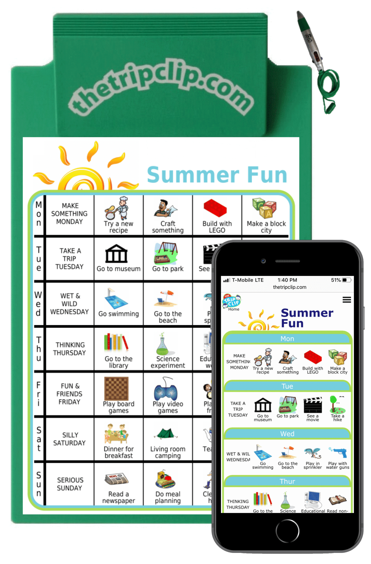 Picture checklists of a schedule for summer days with kids