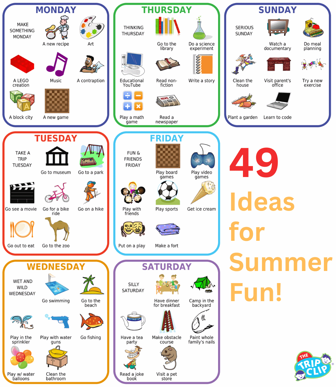 A grid of 7 ideas for each day of the week, totalling 49 summer fun activities