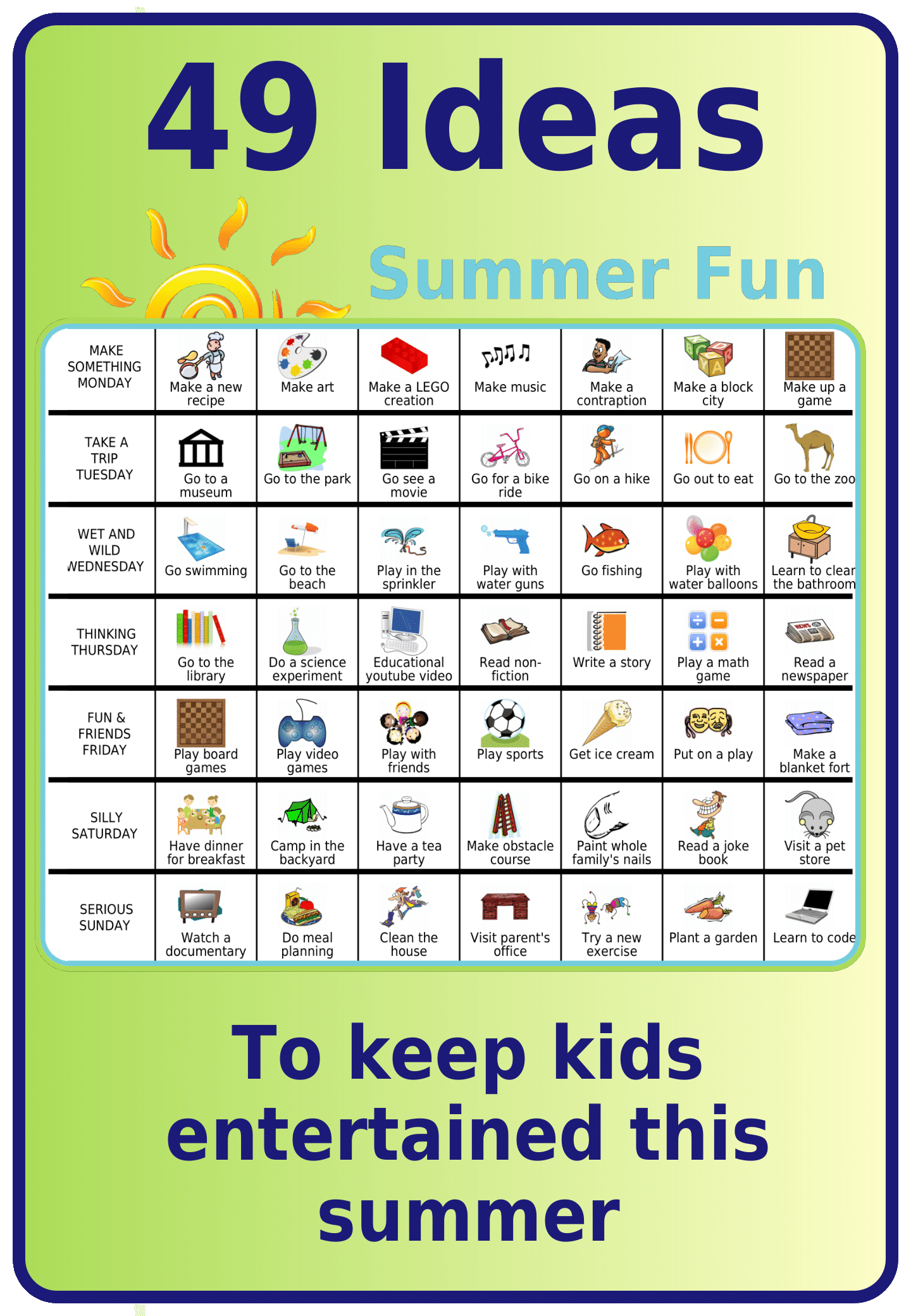 A grid of 7 ideas for each day of the week, totalling 49 summer fun activities