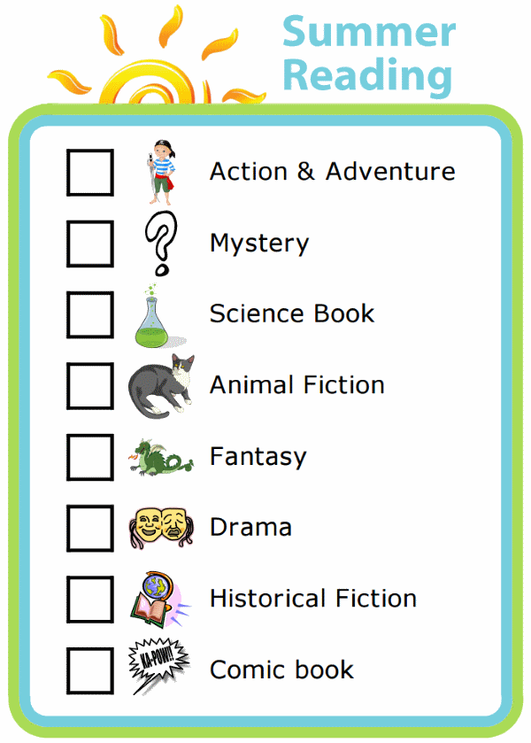 Picture checklist of a summer reading challenging with reading suggestions by genre