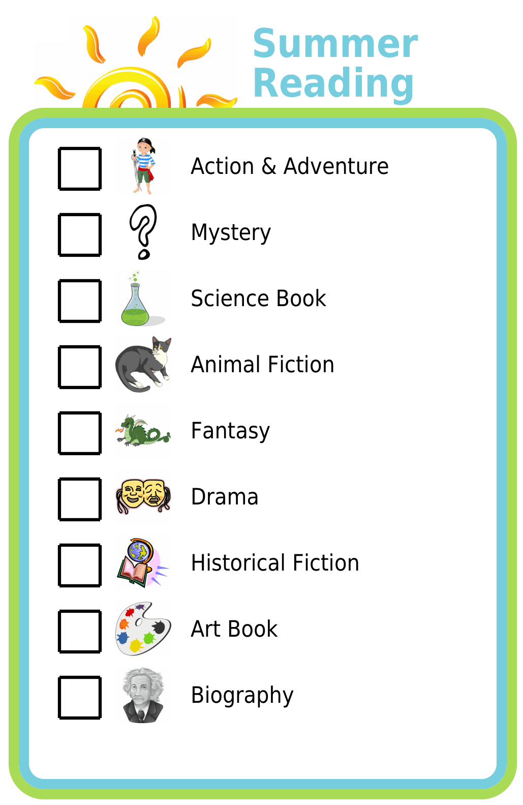 Picture checklist of a summer reading challenging with reading suggestions by genre