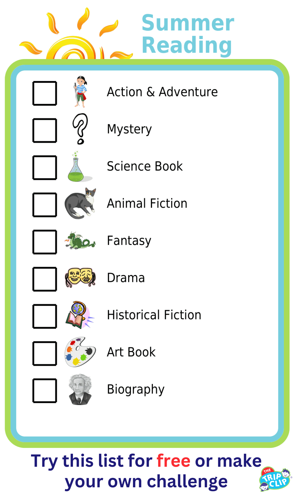 Picture checklist of a summer reading challenging with reading suggestions by genre