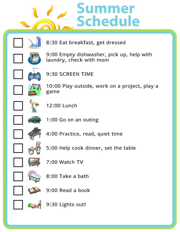 Picture checklists of a schedule for summer days with kids