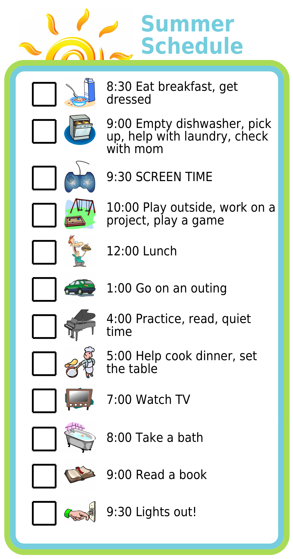 Picture checklists of a schedule for summer days with kids