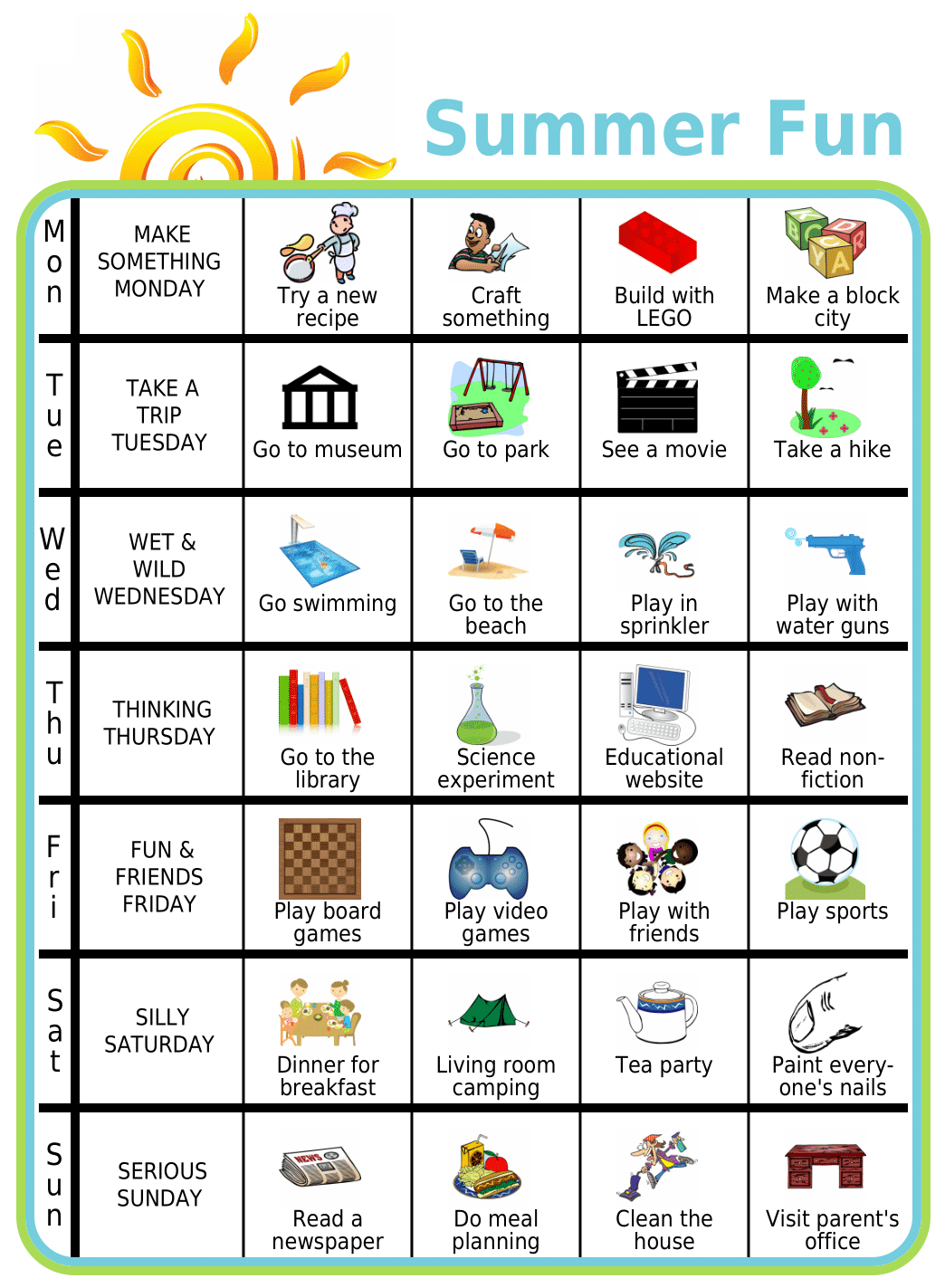 Picture checklists of a schedule for summer days with kids
