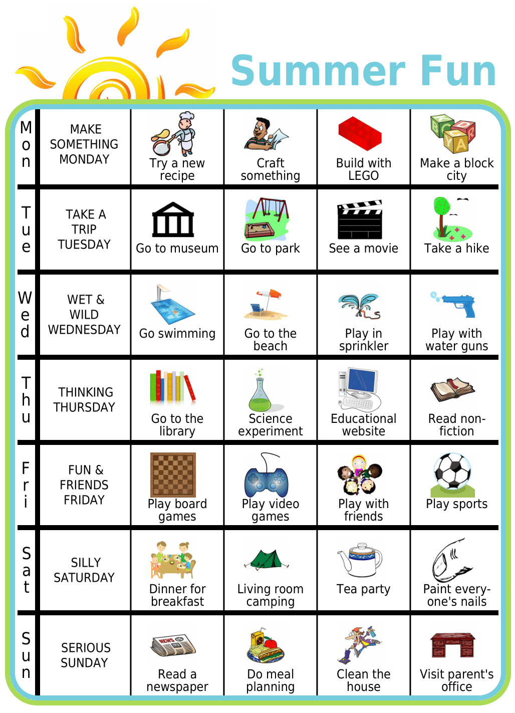 Chart with 7 days of the week and 4 ideas for kid activities for each day