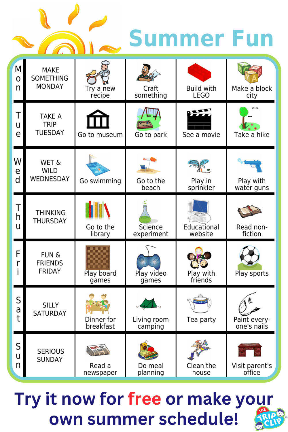 Chart with 7 days of the week and 4 ideas for kid activities for each day