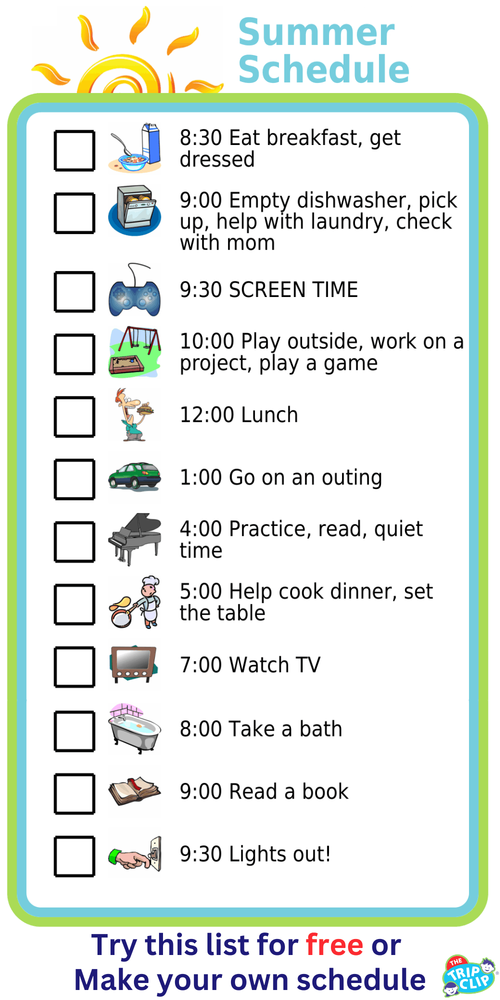 Picture checklists of a schedule for summer days with kids
