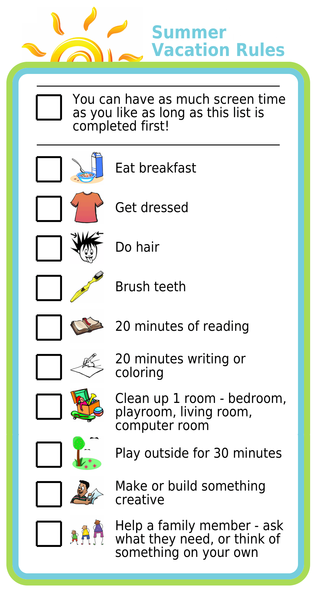 Picture checklist of summer vacation rules for kids