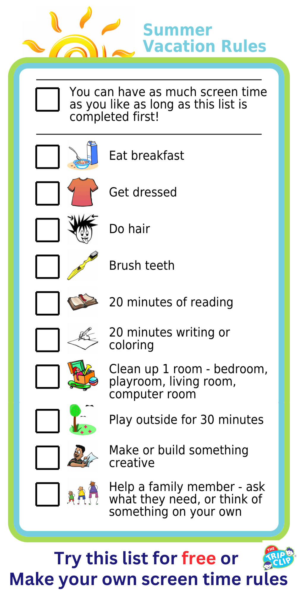 Picture checklist of summer vacation rules for kids
