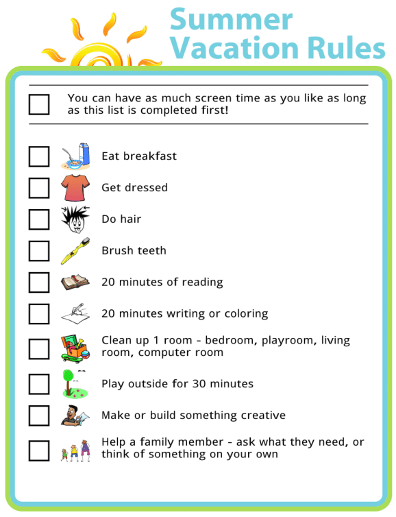 Picture checklist of summer vacation rules for kids