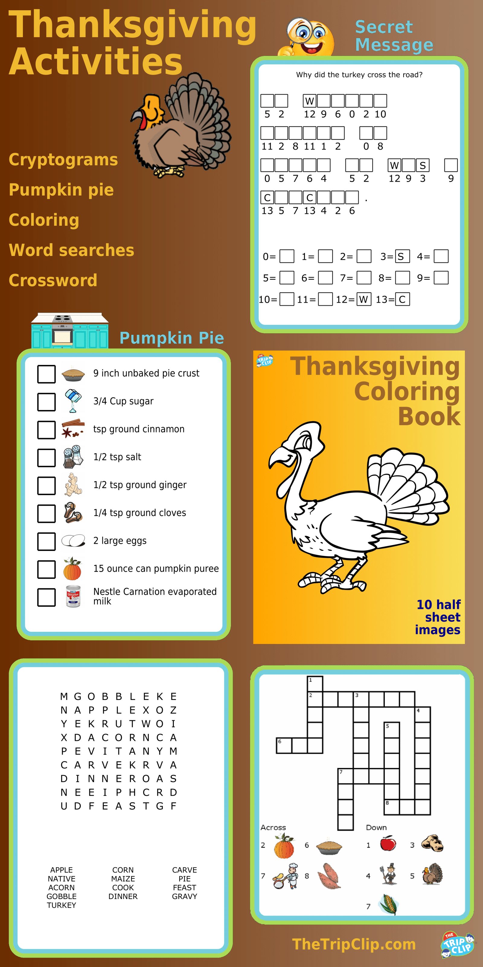 Thanksgiving activities including coloring, word search, secret message, and crossword puzzles