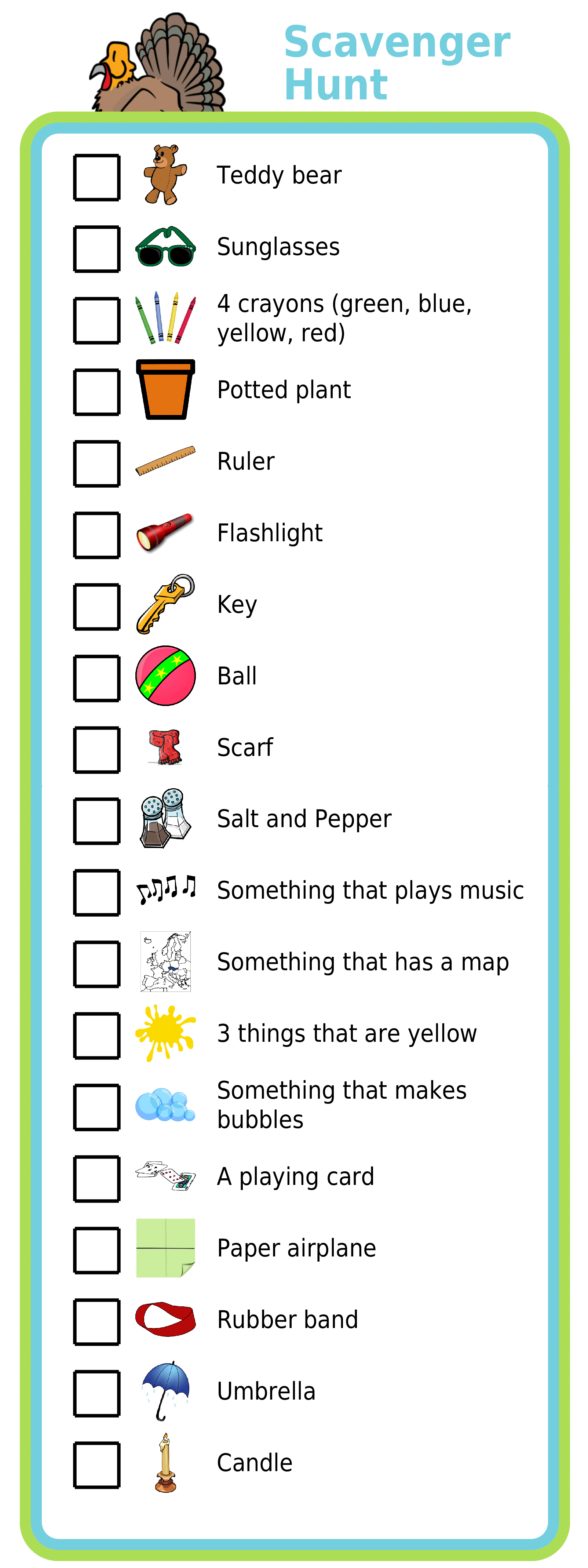 Picture checklist with items you can find at home for a Thanksgiving scavenger hunt