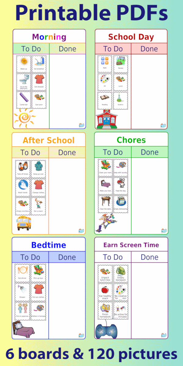 6 To Do / Done Boards with picture clips: Morning Routine, Bedtime Routine, School Day Checklist, After School Checklist, Chore Chart, and Earn Screen Time