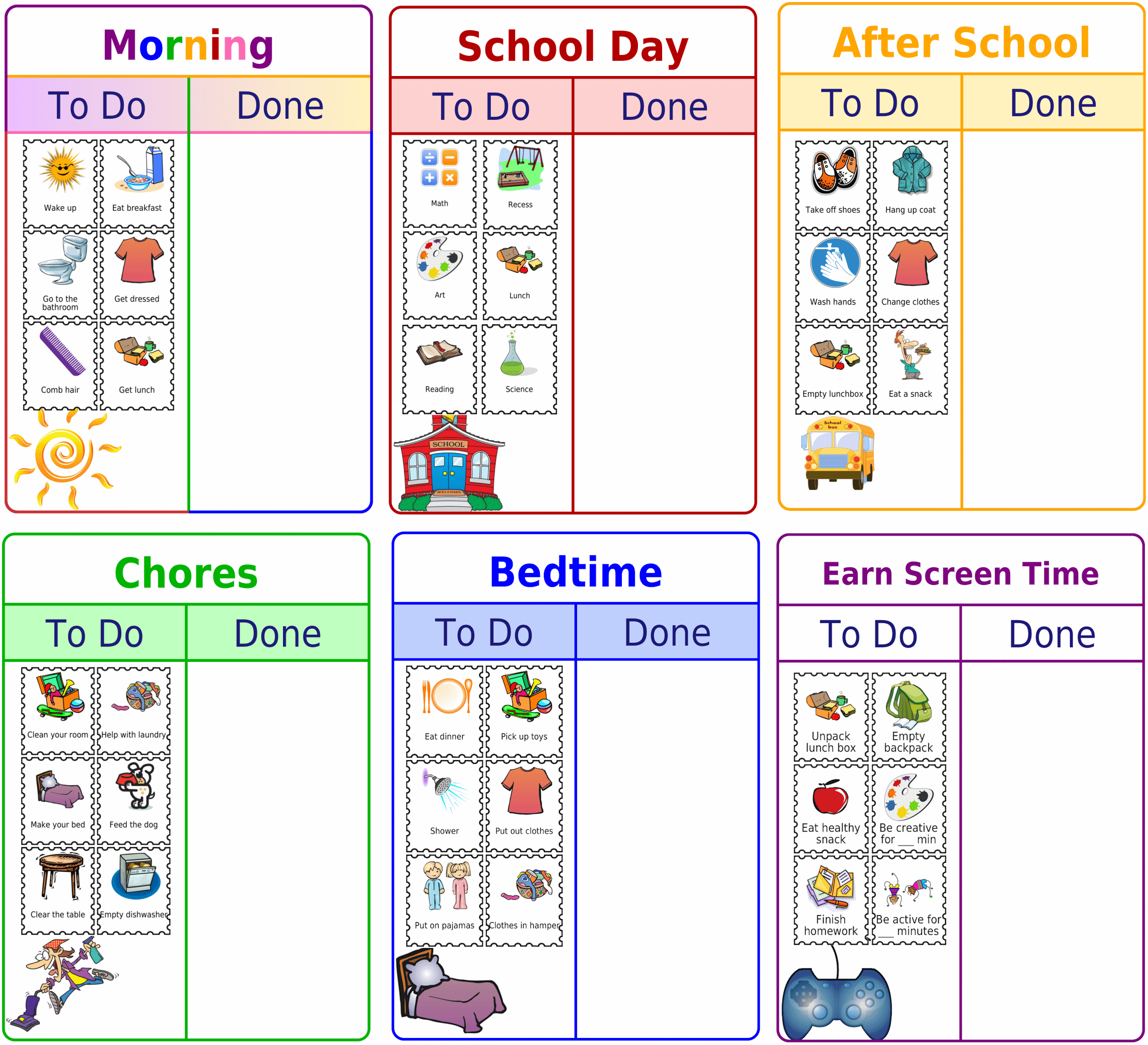 6 To Do / Done Boards with picture clips: Morning Routine, Bedtime Routine, School Day Checklist, After School Checklist, Chore Chart, and Earn Screen Time