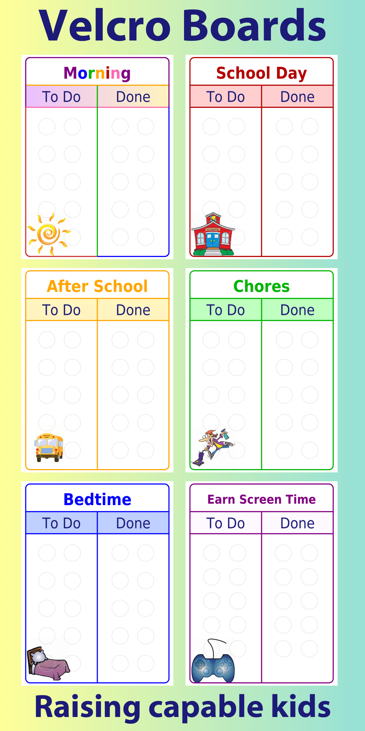 6 Velcro To Do / Done Boards: Morning Routine, Bedtime Routine, School Day Checklist, After School Checklist, Chore Chart, and Earn Screen Time
