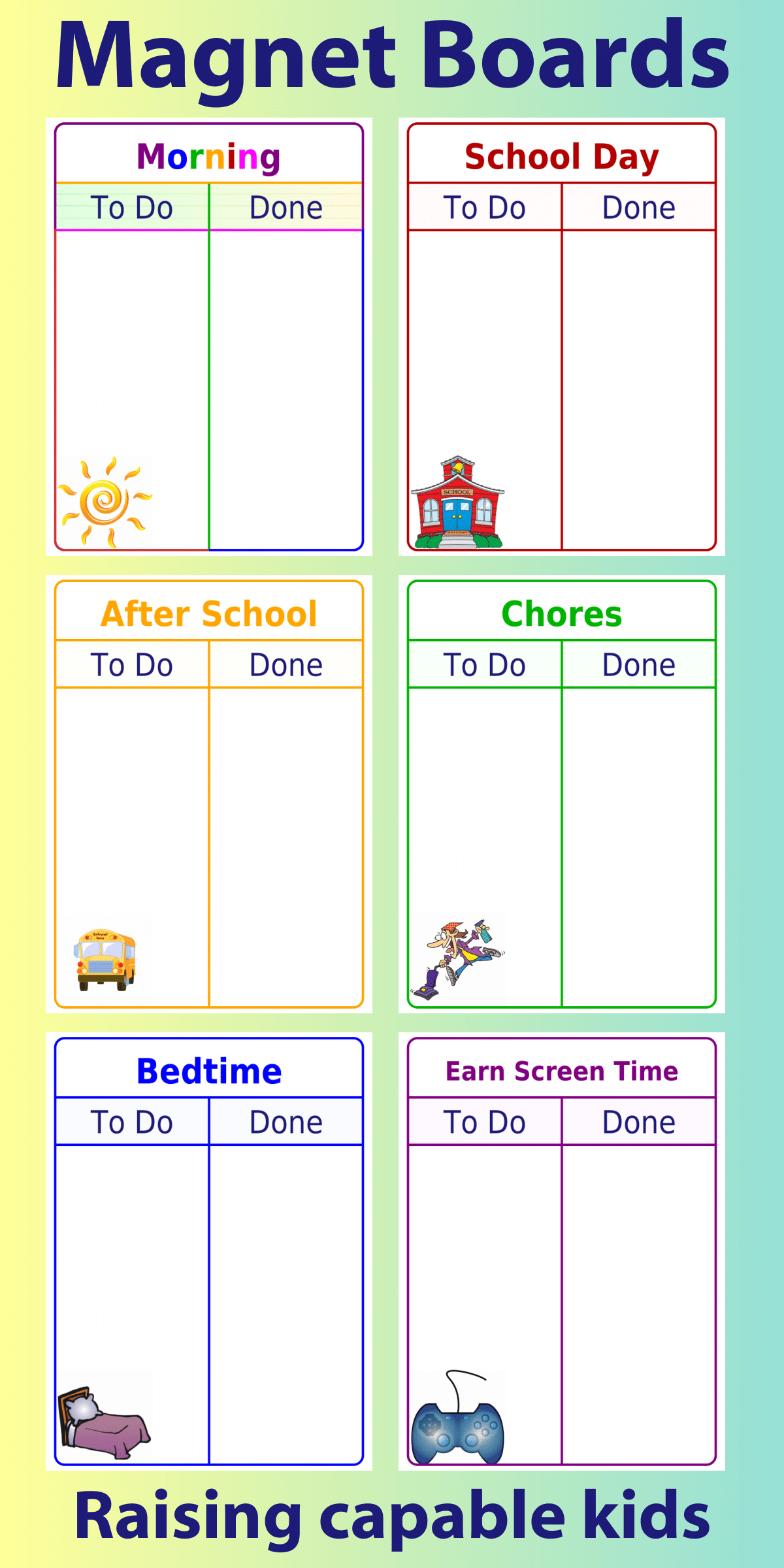 6 Magnetic To Do / Done Boards: sMorning Routine, Bedtime Routine, School Day Checklist, After School Checklist, Chore Chart, and Earn Screen Time