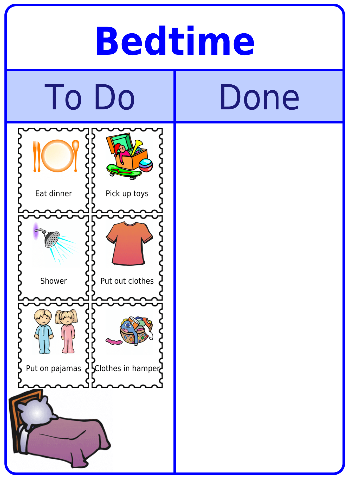 Bedtime Routine To Do / Done Board with picture clips