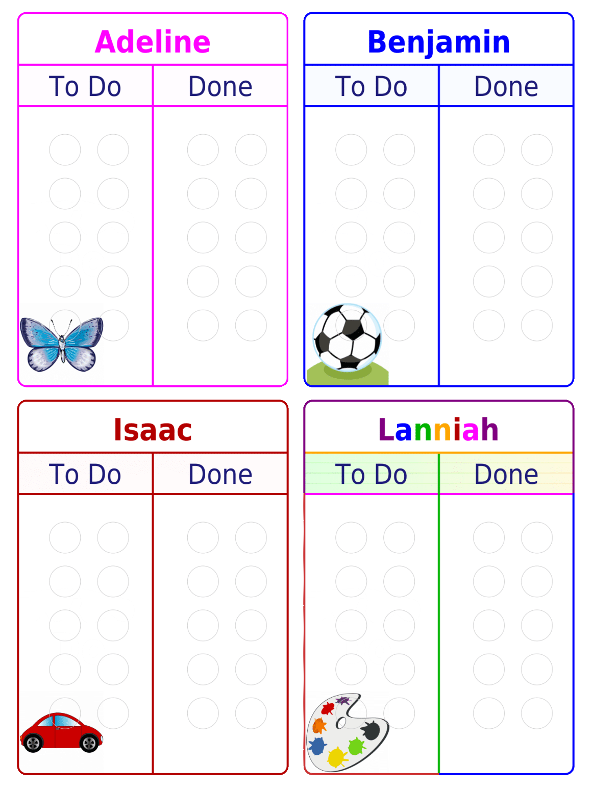 Four To Do / Done Board, each with a different name, color, and picture