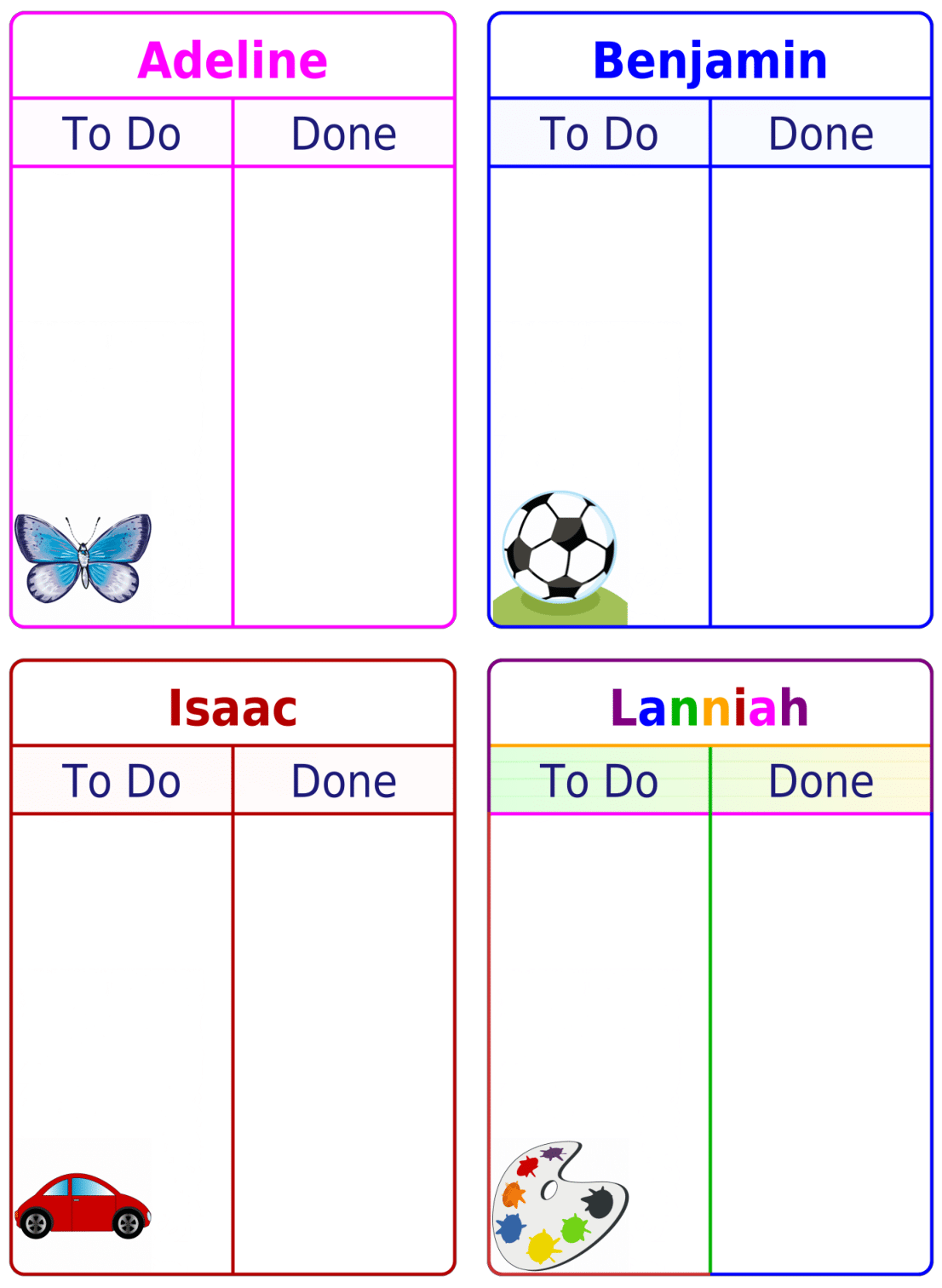 Four To Do / Done Board, each with a different name, color, and picture