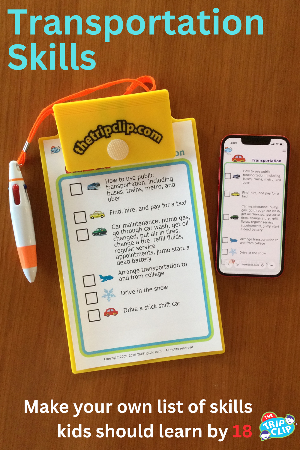 Picture checklists showing 6 transportation skills for 18-year-olds, shown on clipboard and iPhone