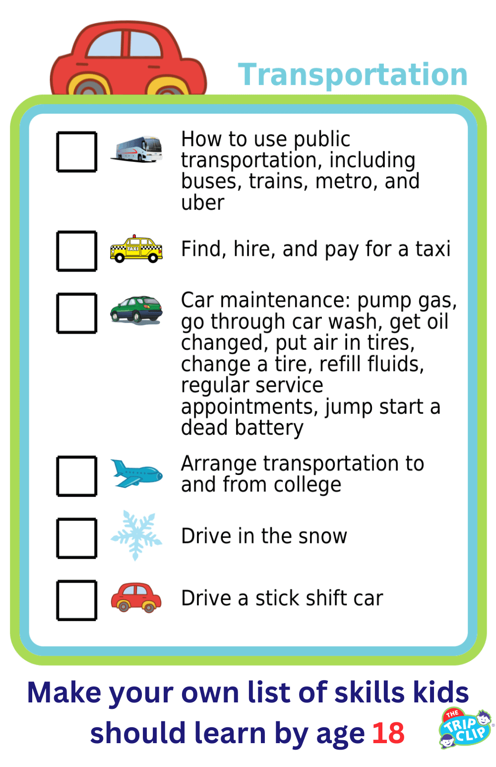 Picture checklists showing 6 transportation skills for 18-year-olds