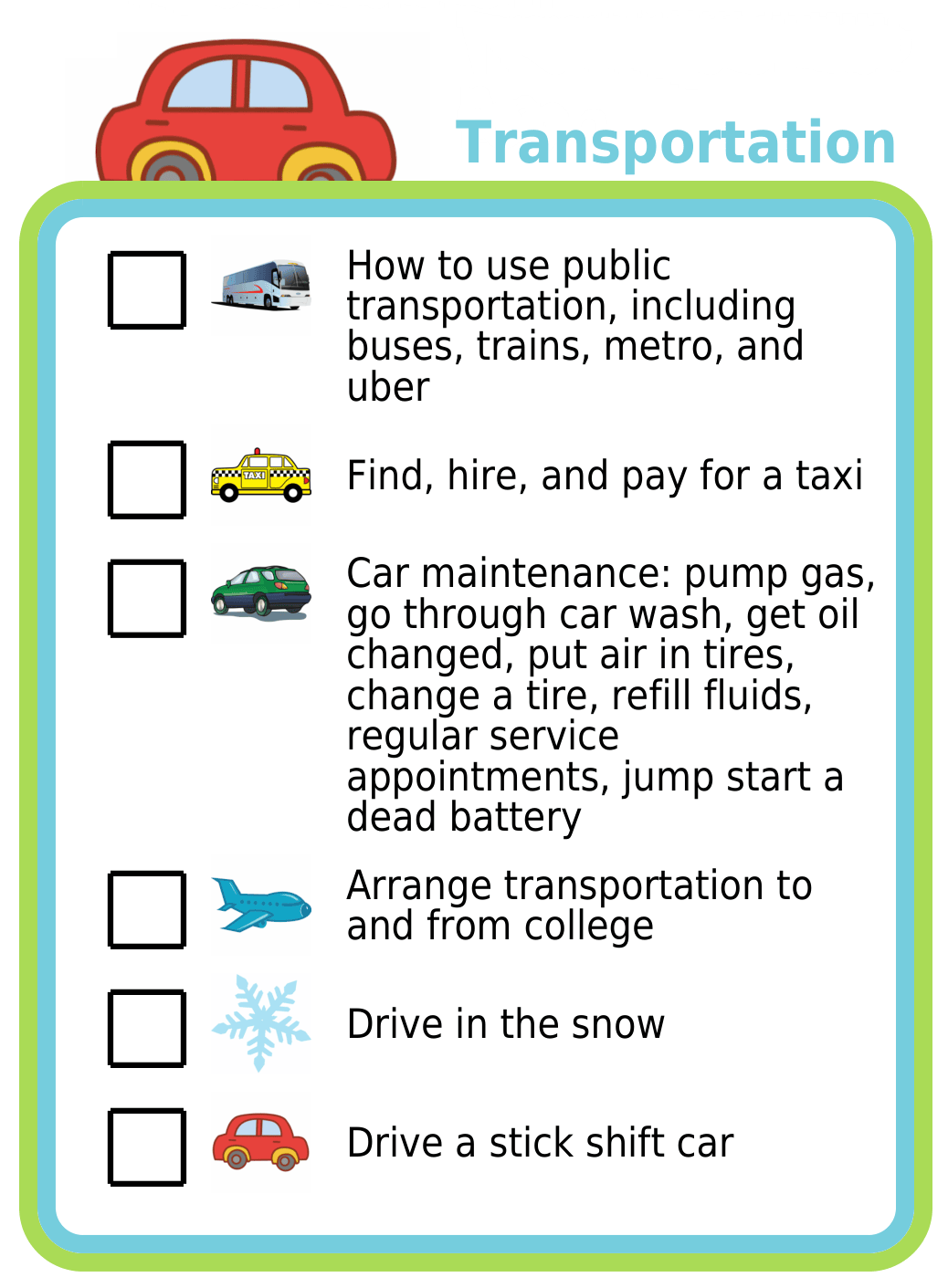 Picture checklists showing 6 transportation skills for 18-year-olds