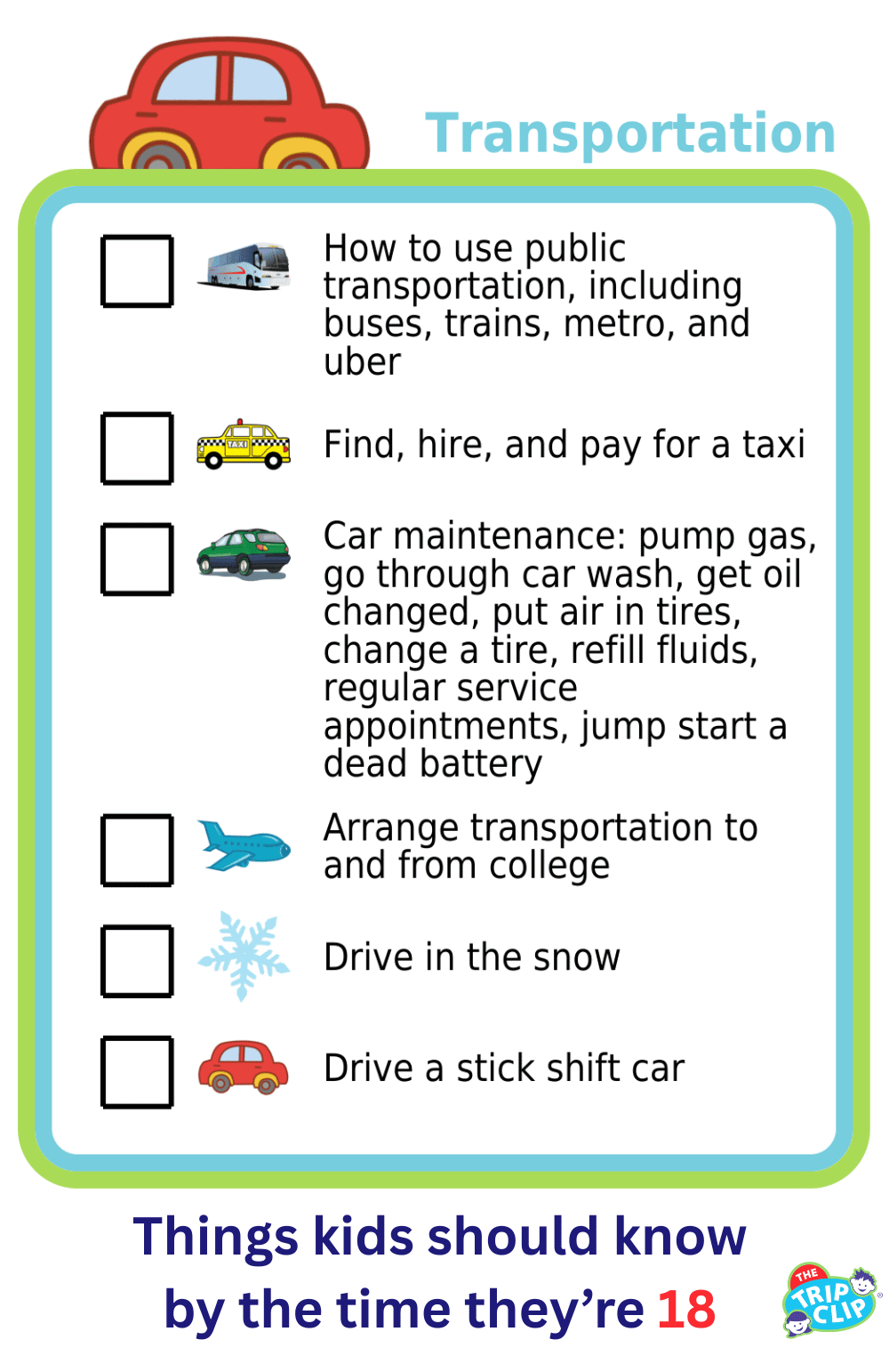 Picture checklists showing 6 transportation skills for 18-year-olds