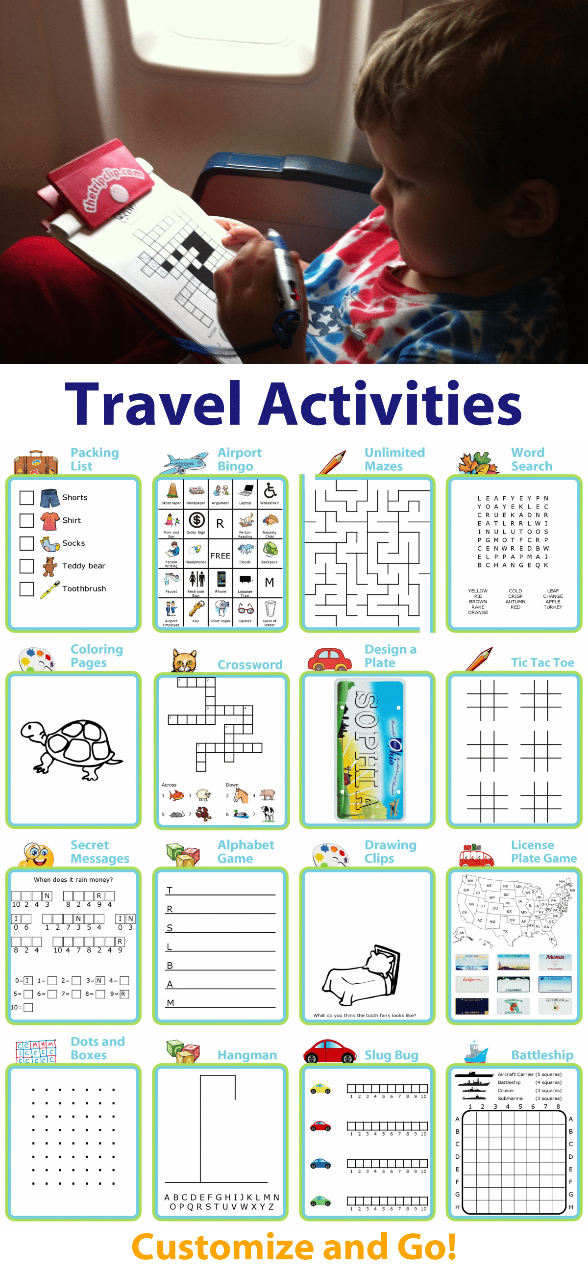 Printable travel activities: packing list, BINGO, mazes, word search, coloring, crosswords, license plates and more