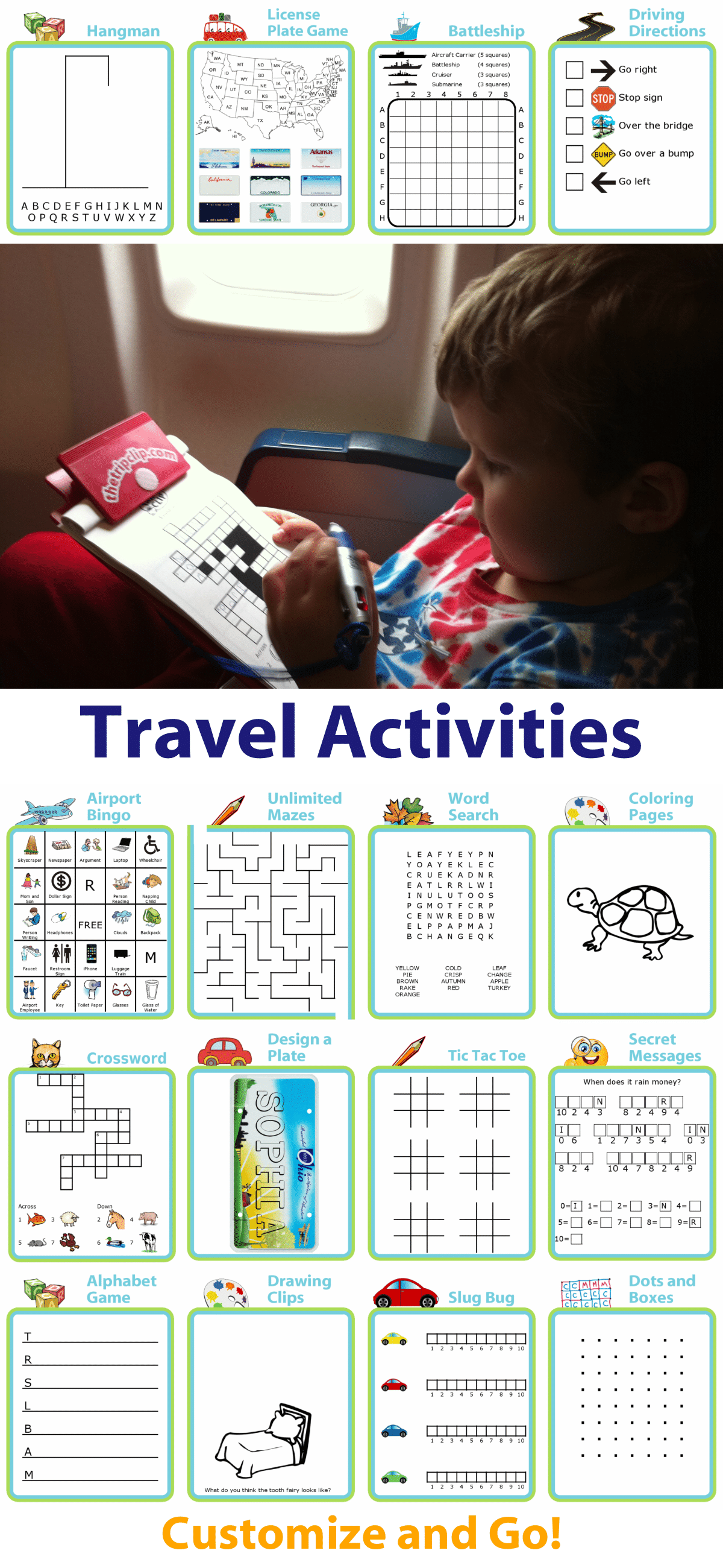 Printable travel activities: packing list, BINGO, mazes, word search, coloring, crosswords, license plates and more