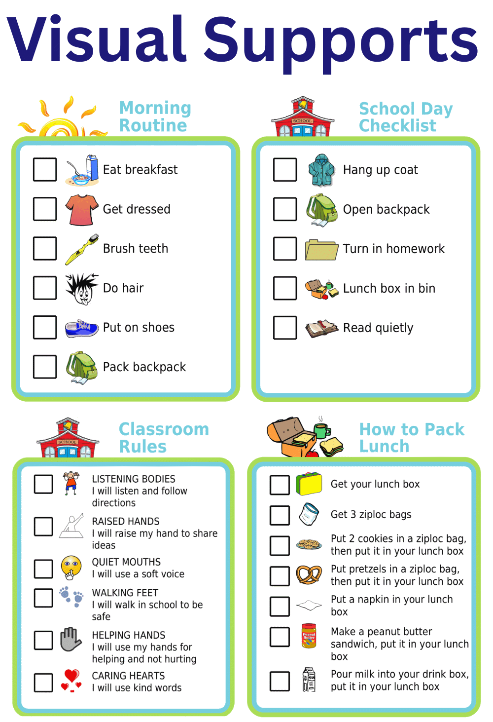 4 picture checklists: morning routine, school day checklist, how to pack lunch, classroom rules