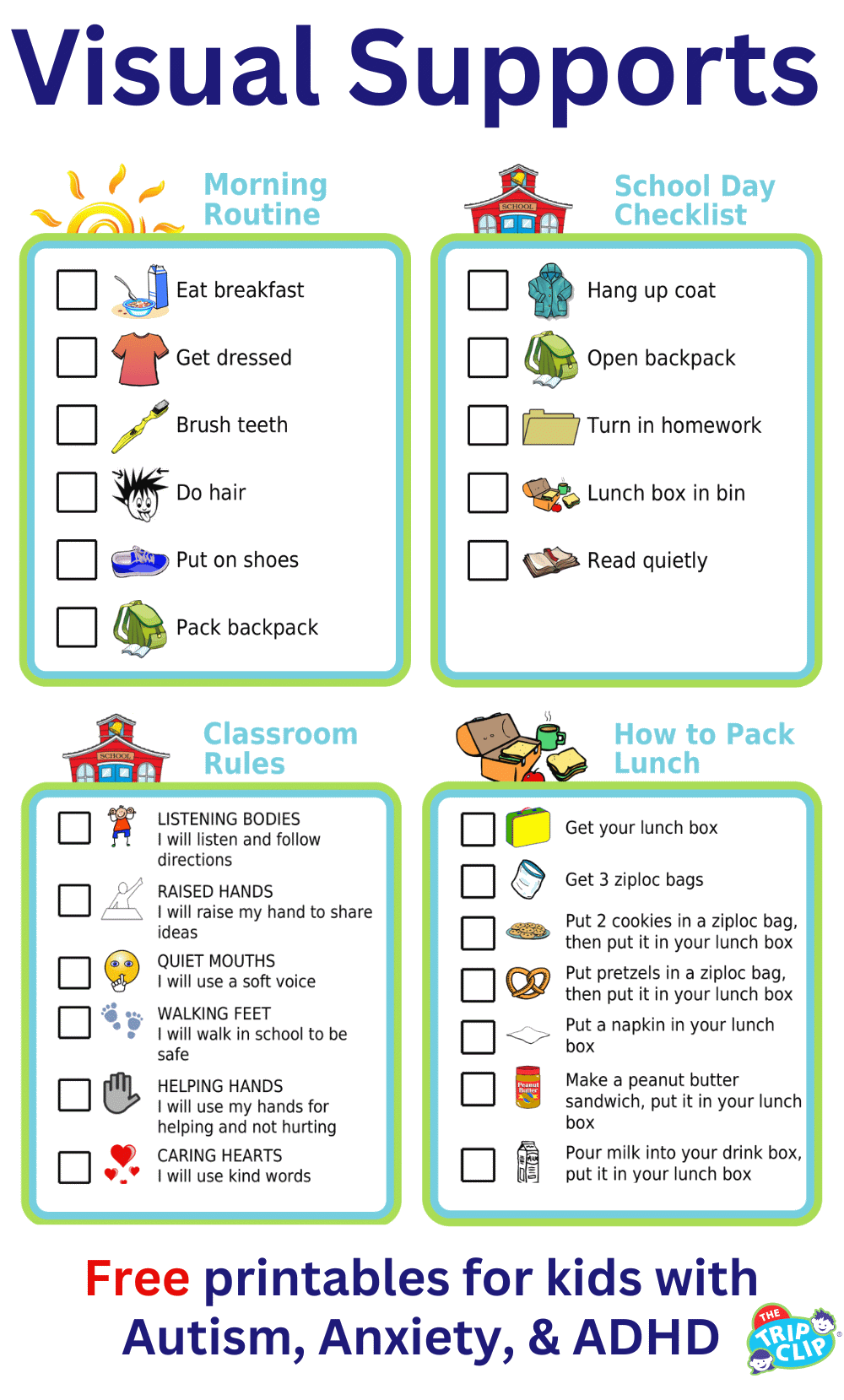 4 picture checklists: morning routine, school day checklist, how to pack lunch, classroom rules