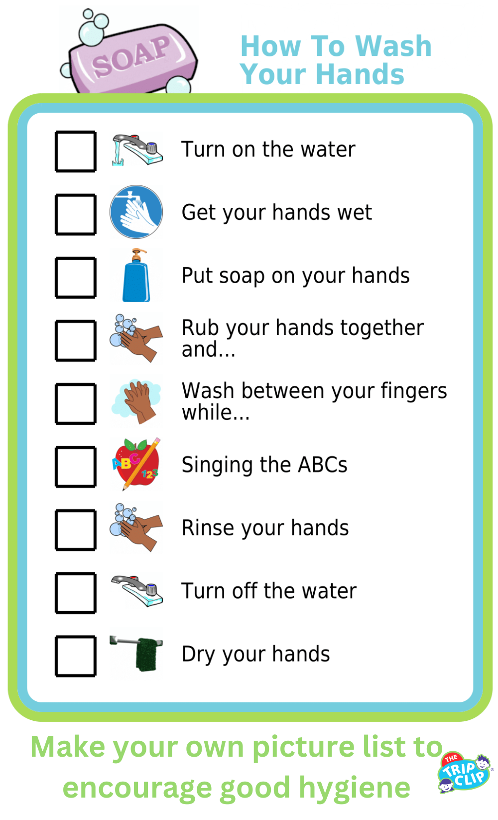 Picture checklist showing the steps for how to wash your hands