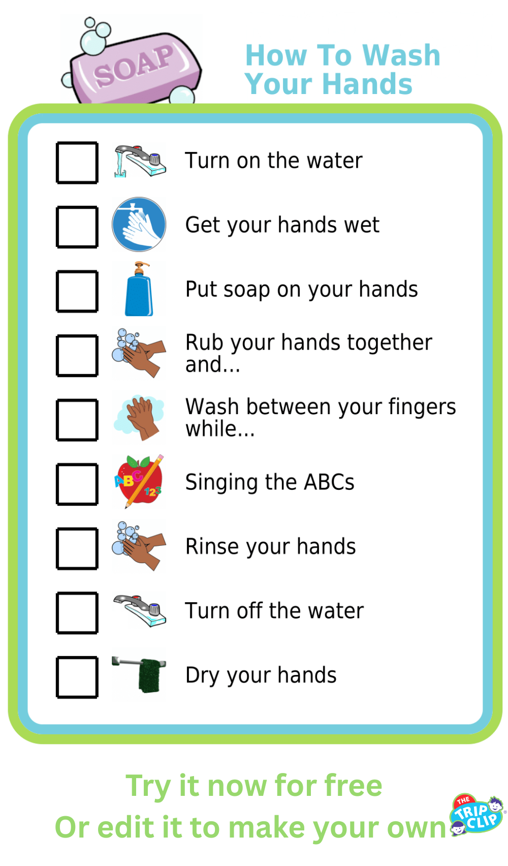 Picture checklist showing the steps for how to wash your hands