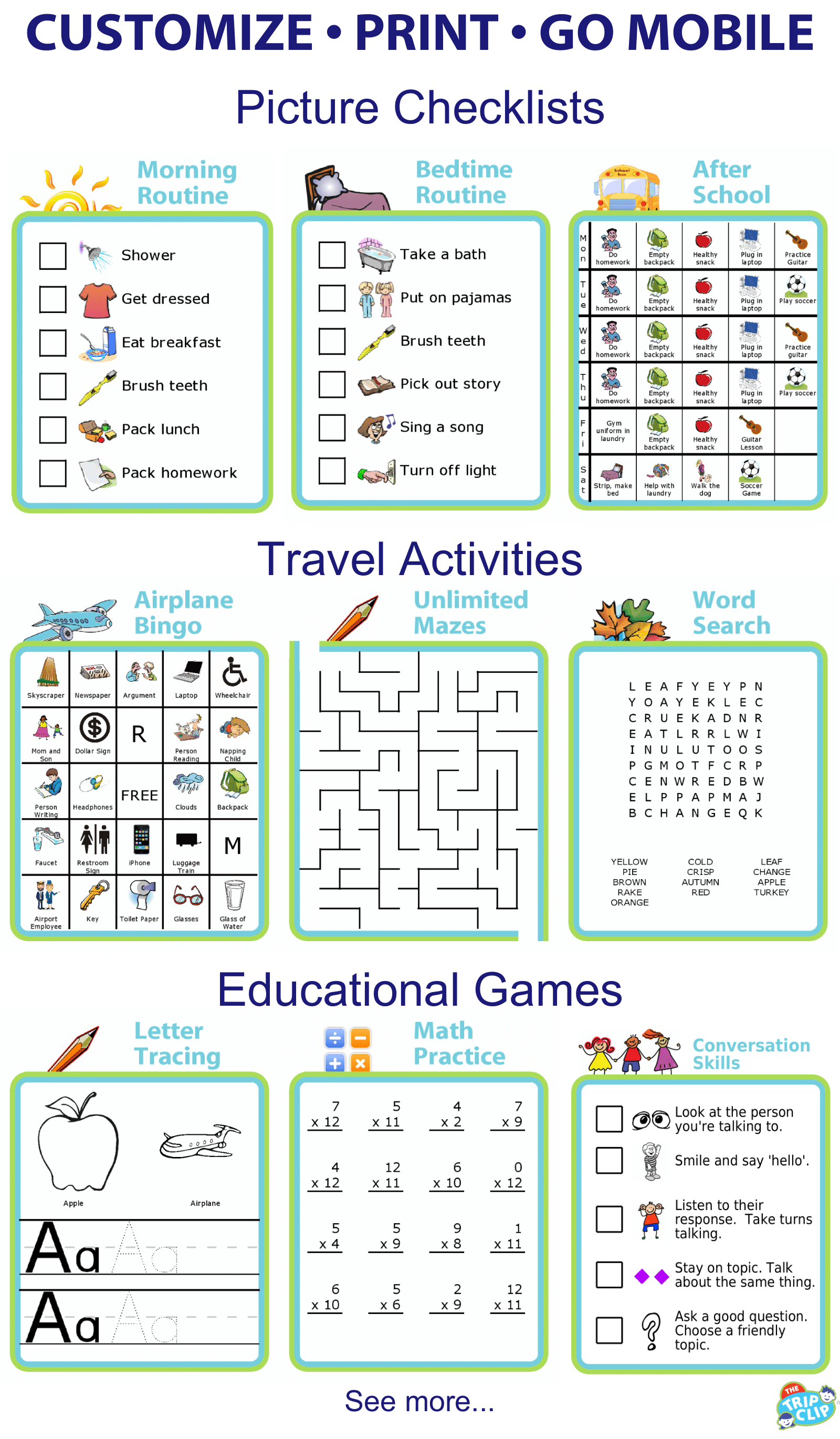 Printable activities: morning routine, bedtime routine, after school checklist, airplane bingo, maze, word search, letter tracing, and math practice