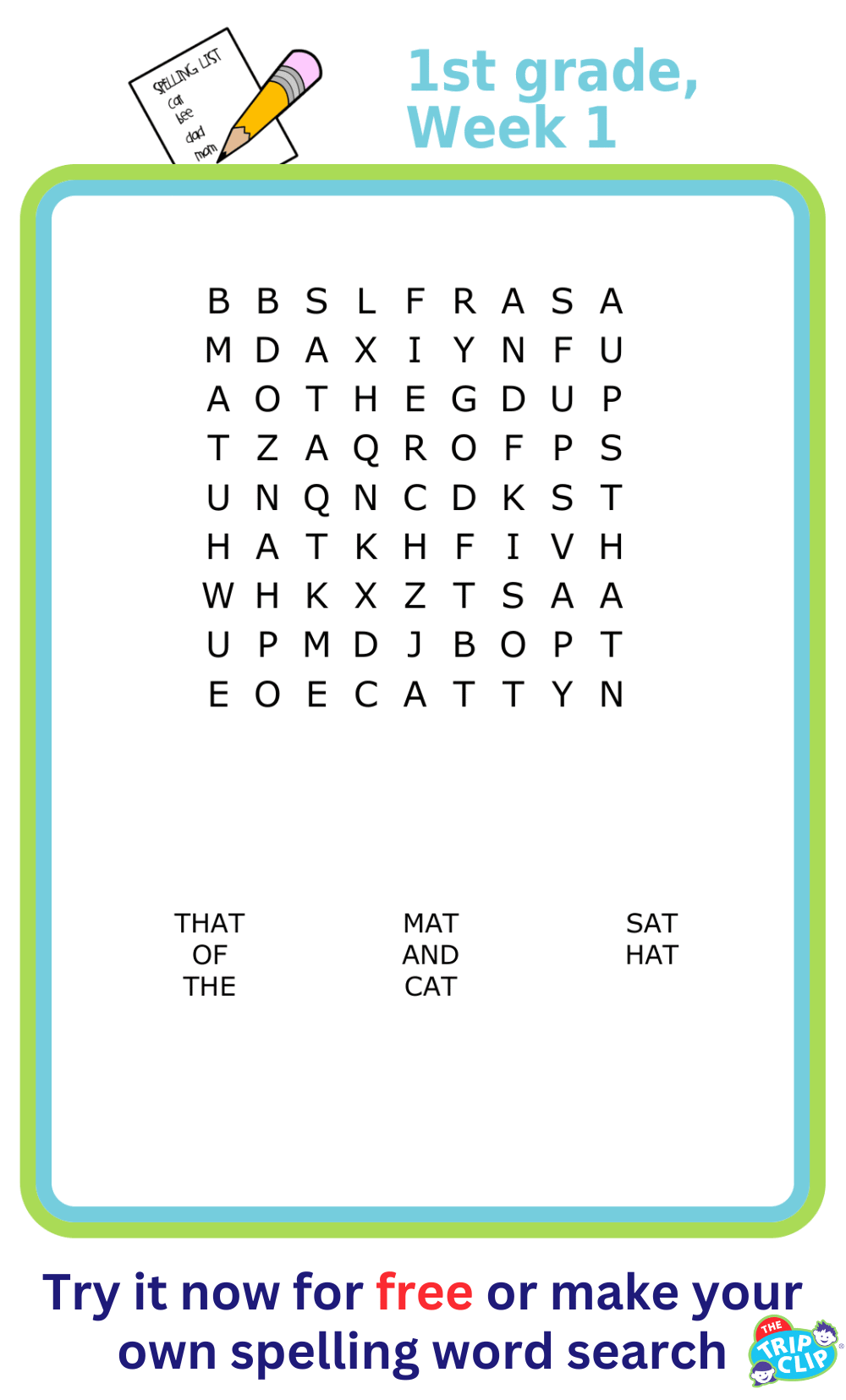 First grade spelling word search puzzle for kids