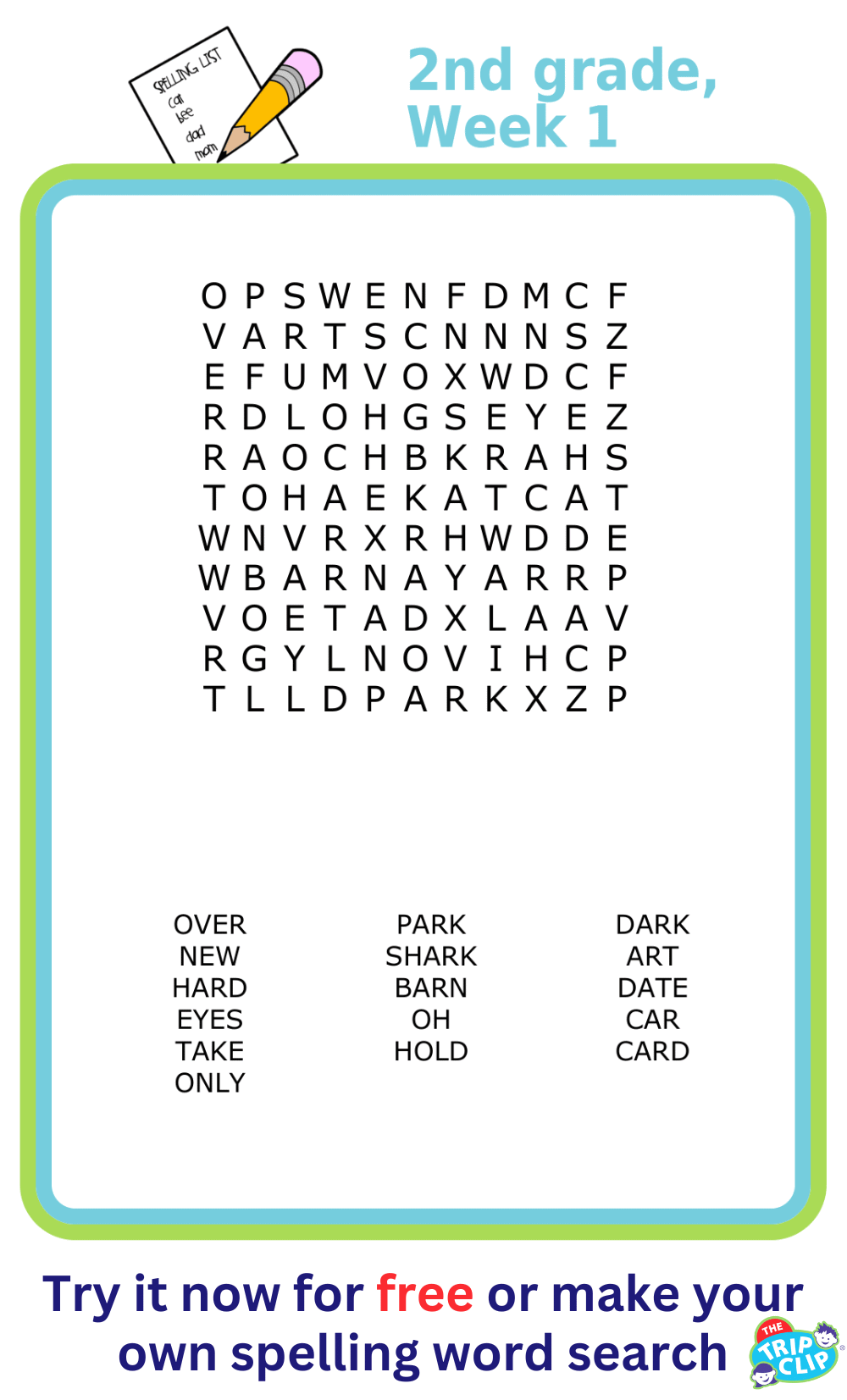 Second grade spelling word search puzzle for kids