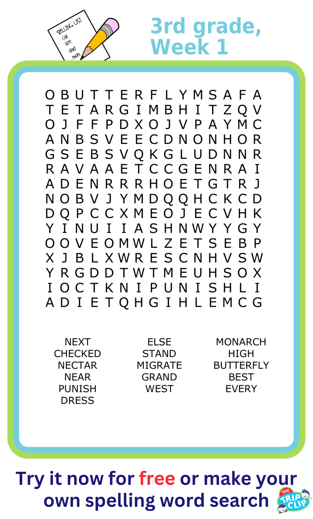 15x15 third grade spelling word search puzzle for kids