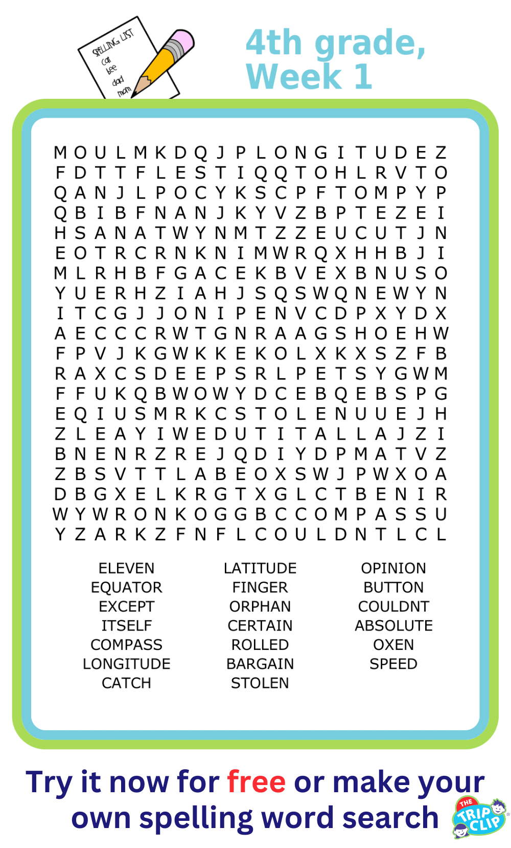 Fourth grade spelling word search puzzle for kids