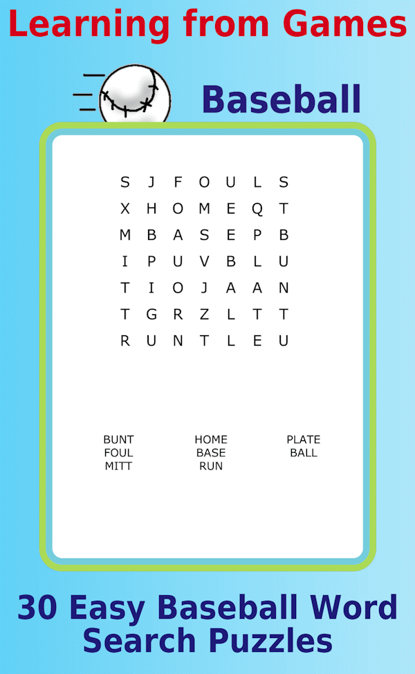 A 7x7 Baseball-themed word search puzzles
