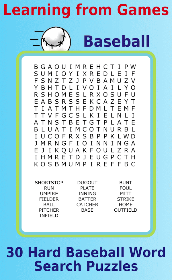 A 15x15 Baseball-themed word search puzzle