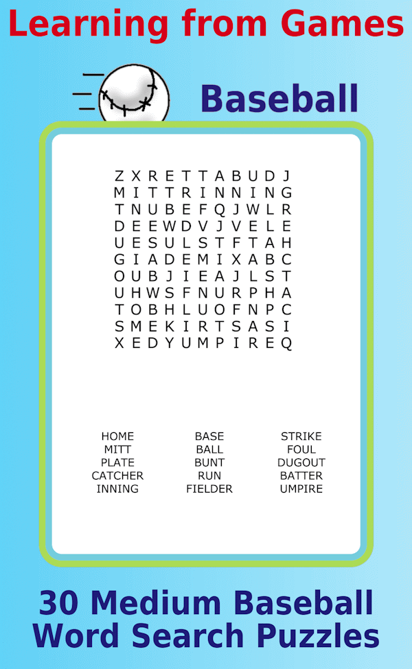 An 11x11 Baseball-themed word search puzzle