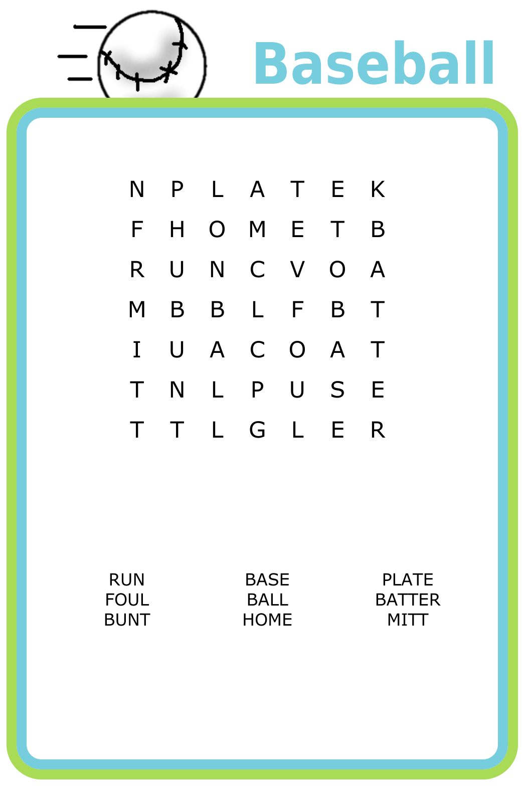 7x7 Baseball-themed word search puzzle