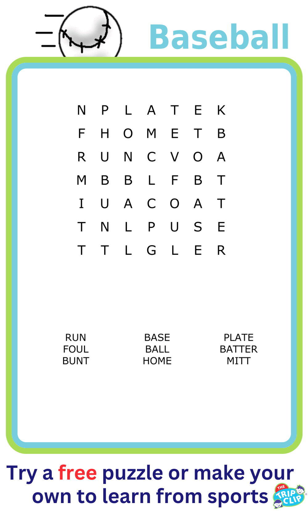 7x7 Baseball-themed word search puzzle