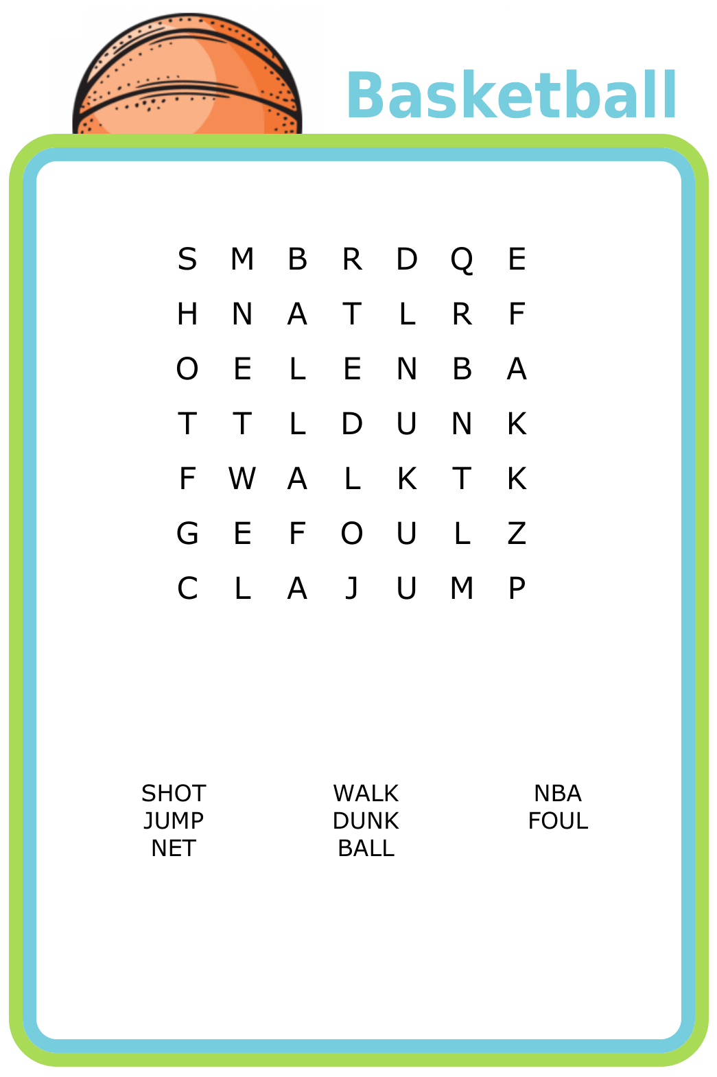 7x7 Basketball-themed word search puzzle
