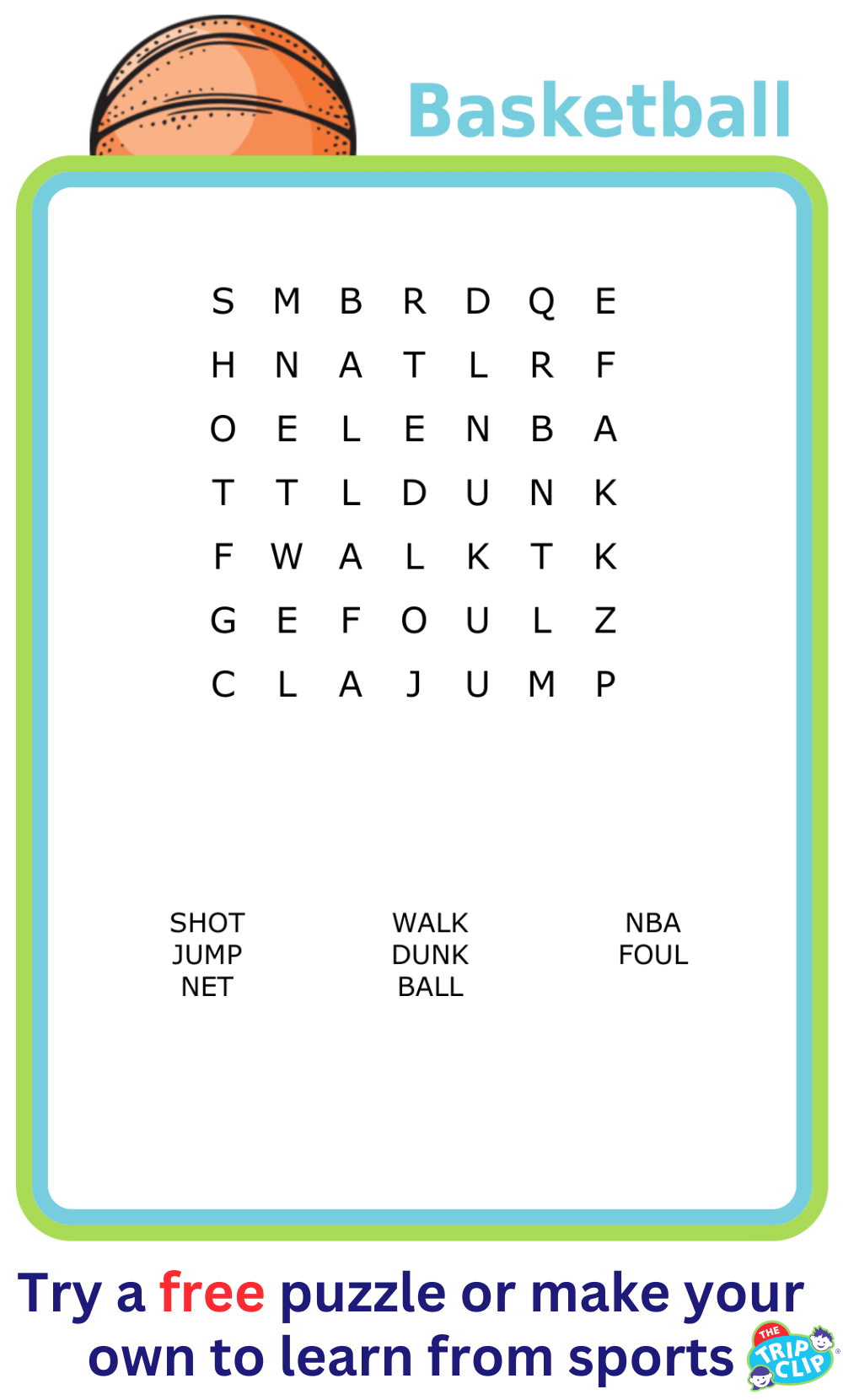 7x7 Basketball-themed word search puzzle