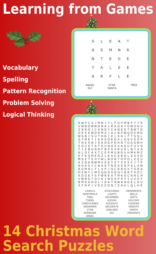 a 5x5 Christmas word search puzzle and a 20x20 Christmas word search puzzle