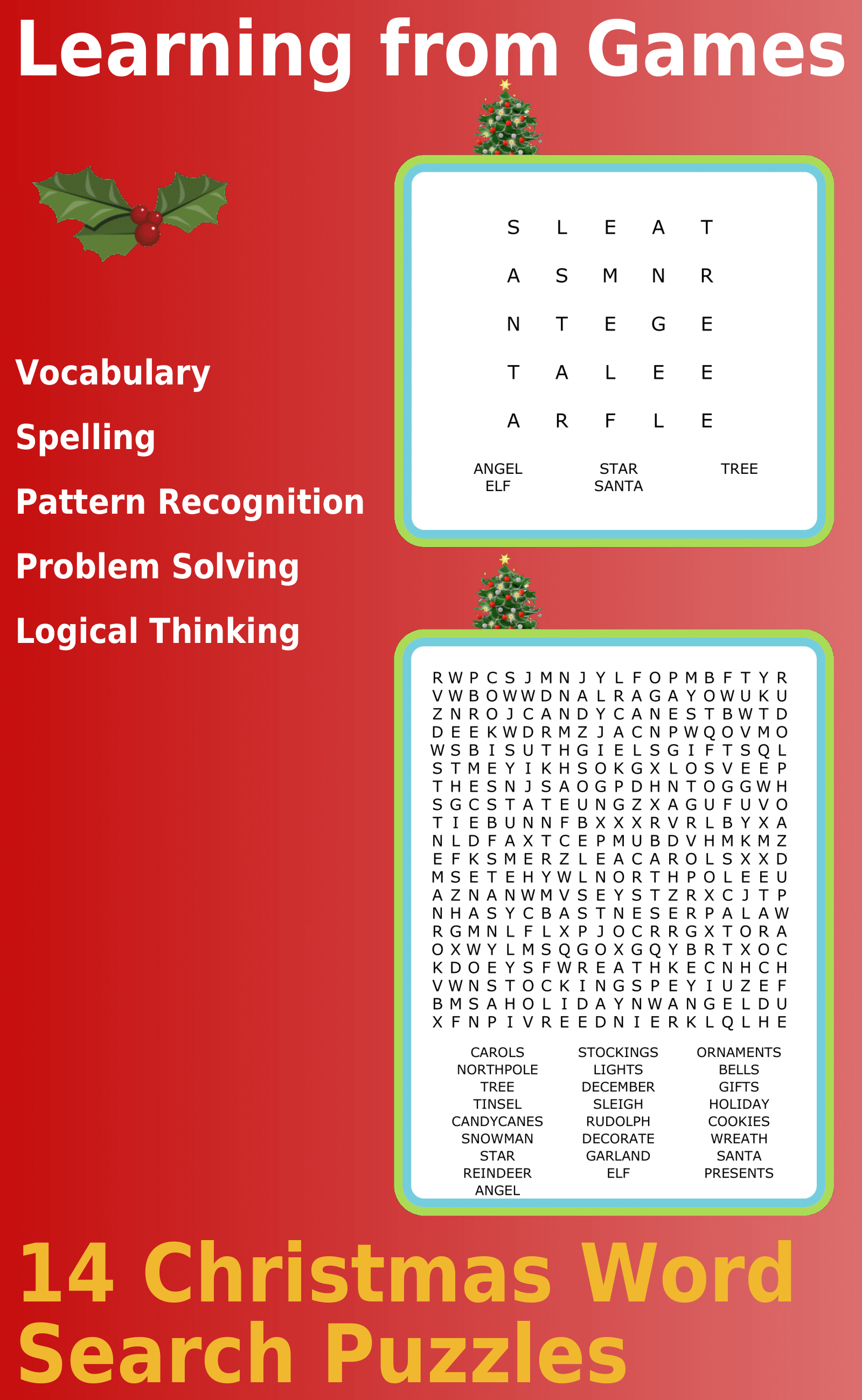 a 5x5 Christmas word search puzzle and a 20x20 Christmas word search puzzle