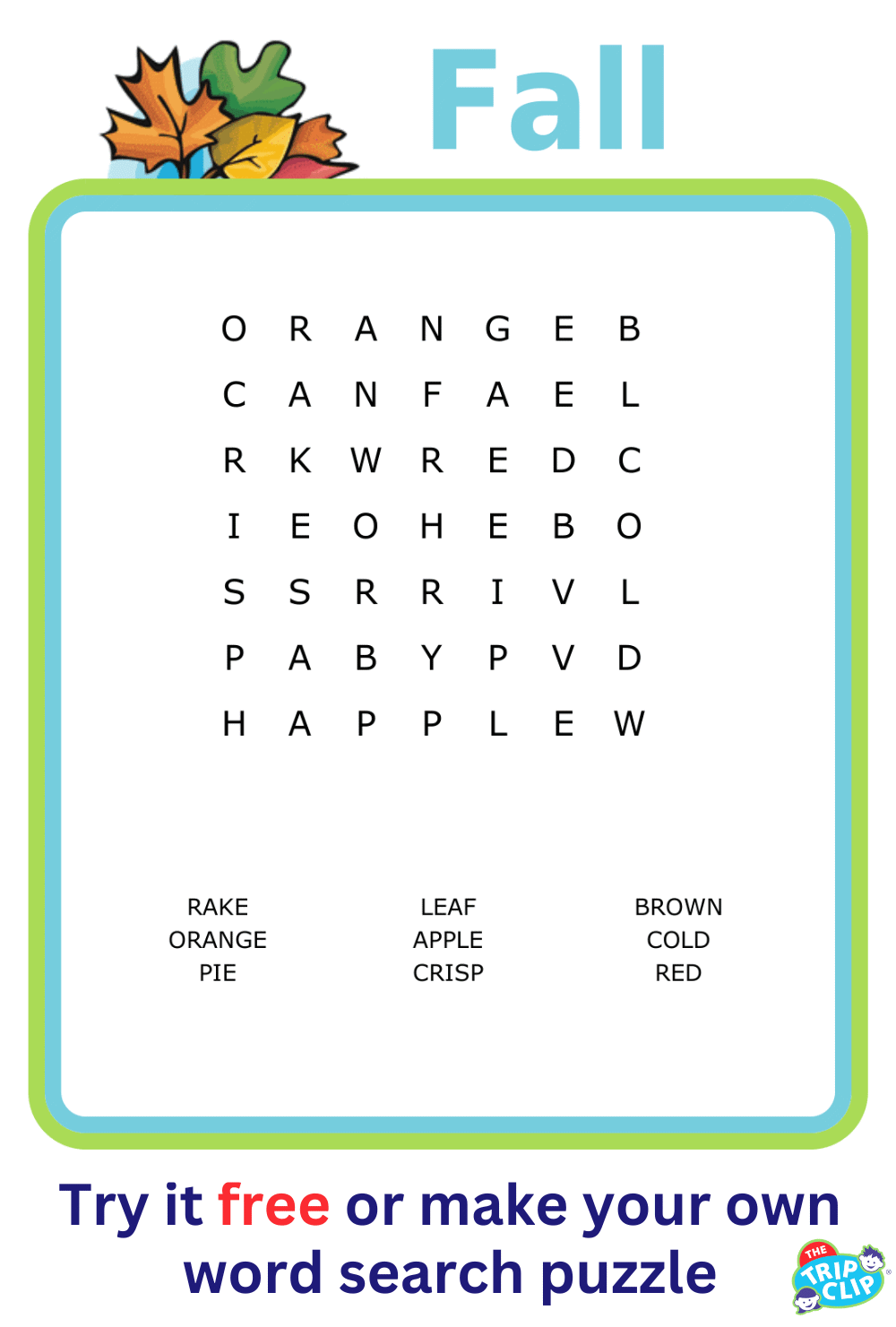 7x7 Fall-themed word search puzzle