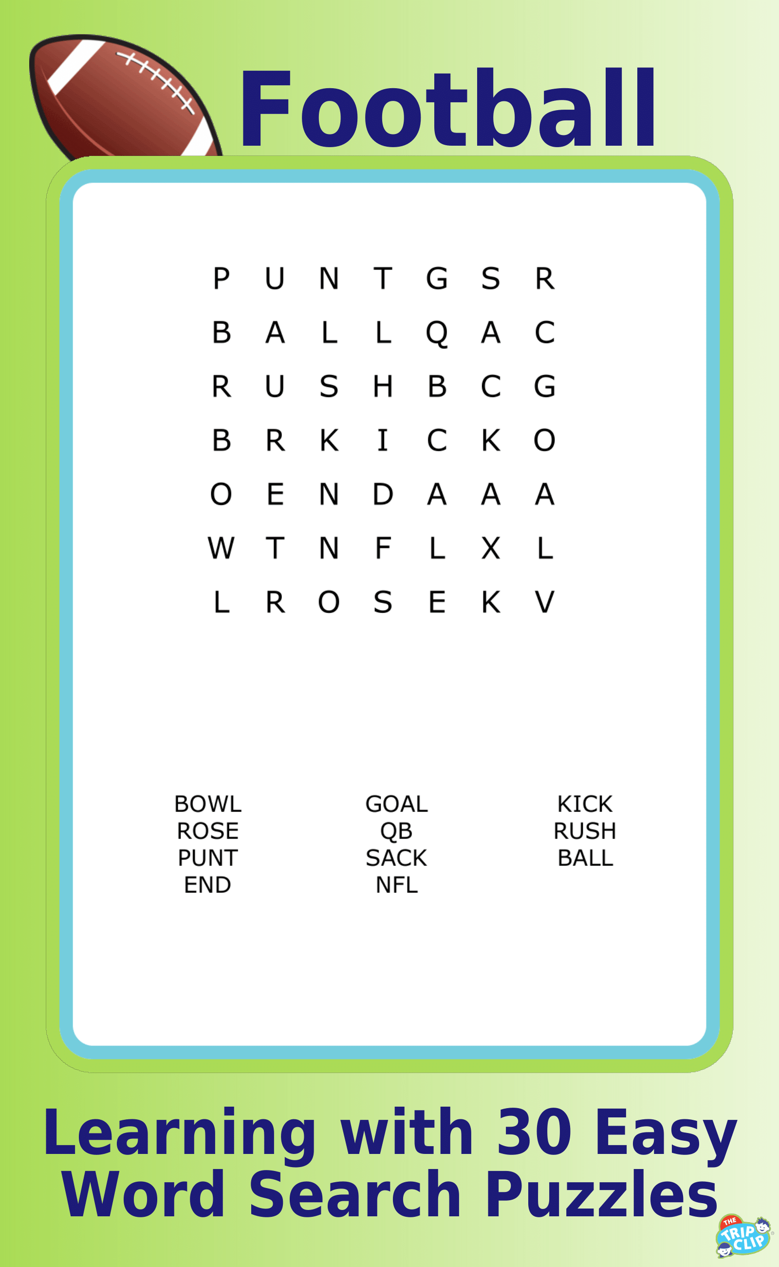 A 7x7 football-themed word search puzzles